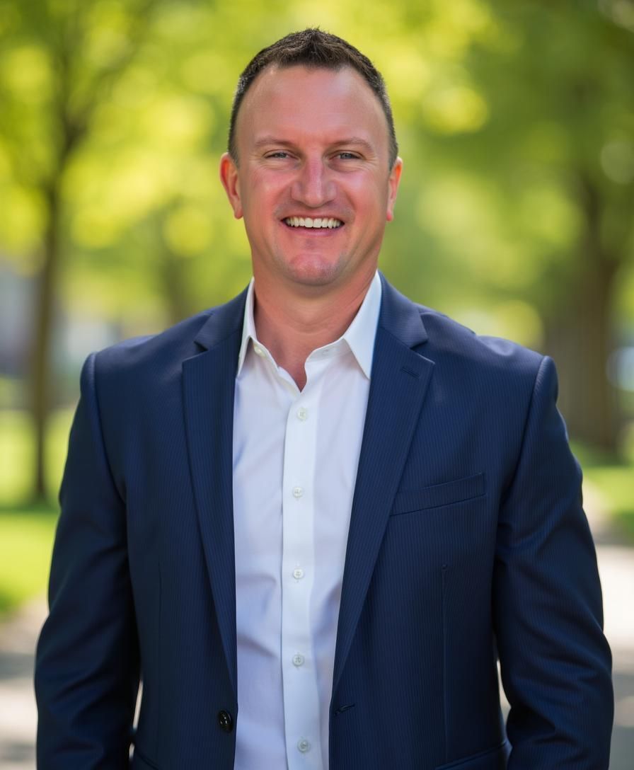 Man smiling in a blue jacket, sitting in front of a bookshelf.