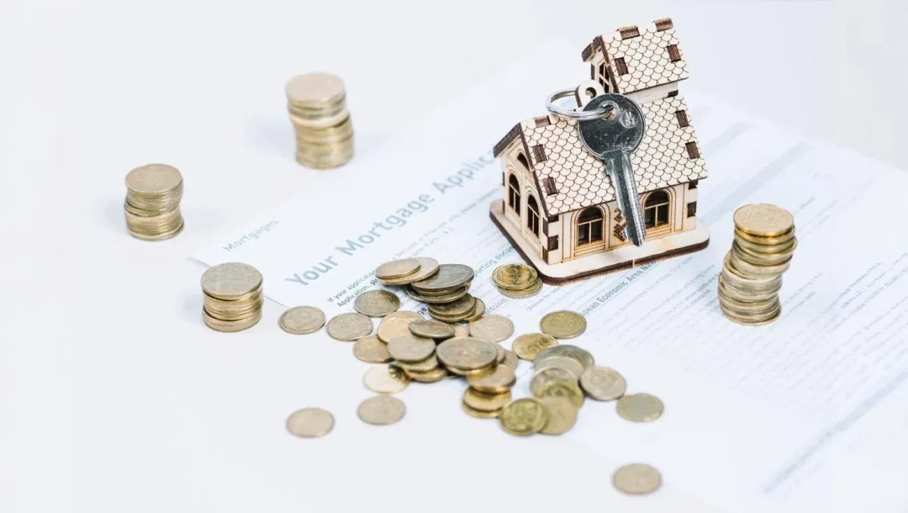 A miniature house with a key on a mortgage document surrounded by stacks and scattered coins.