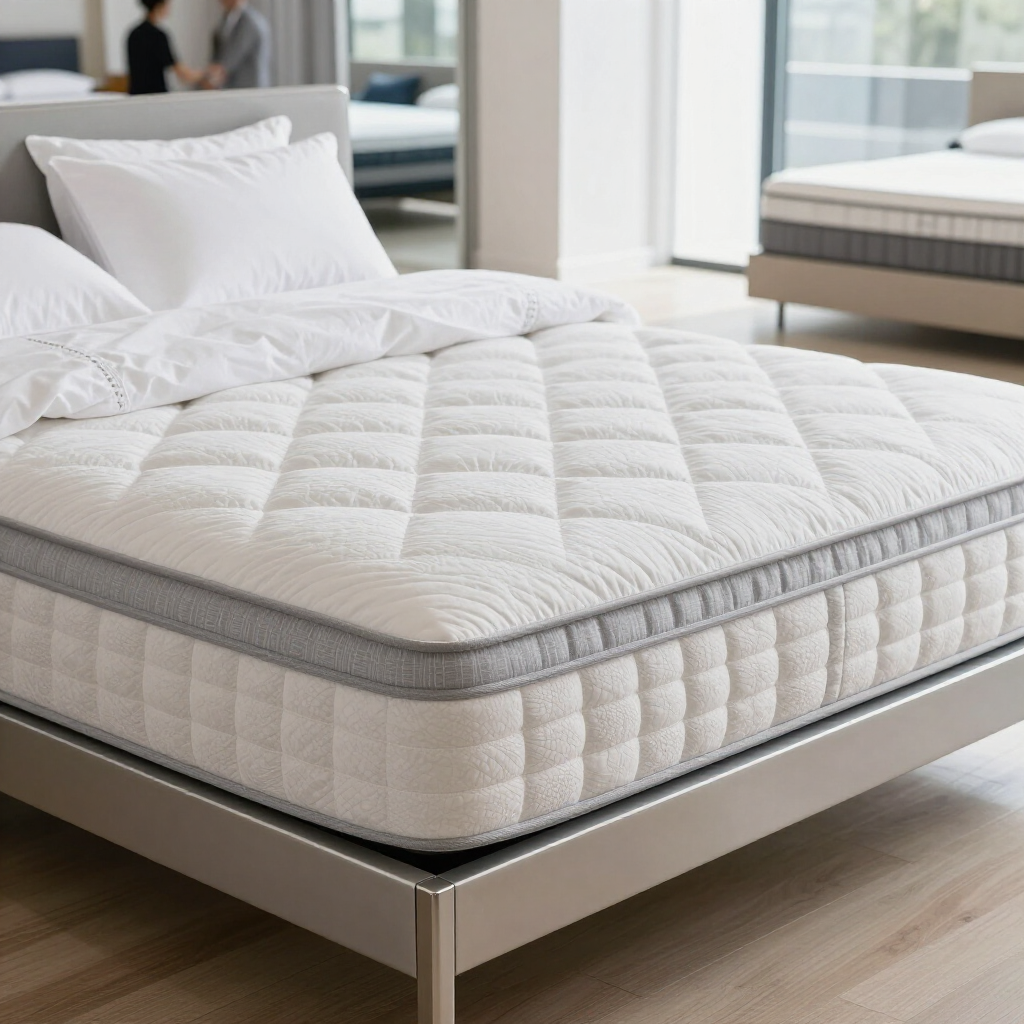 Un colchón blanco de alta calidad con cubierta acolchada y borde gris, expuesto sobre un somier en una luminosa sala de exposición.