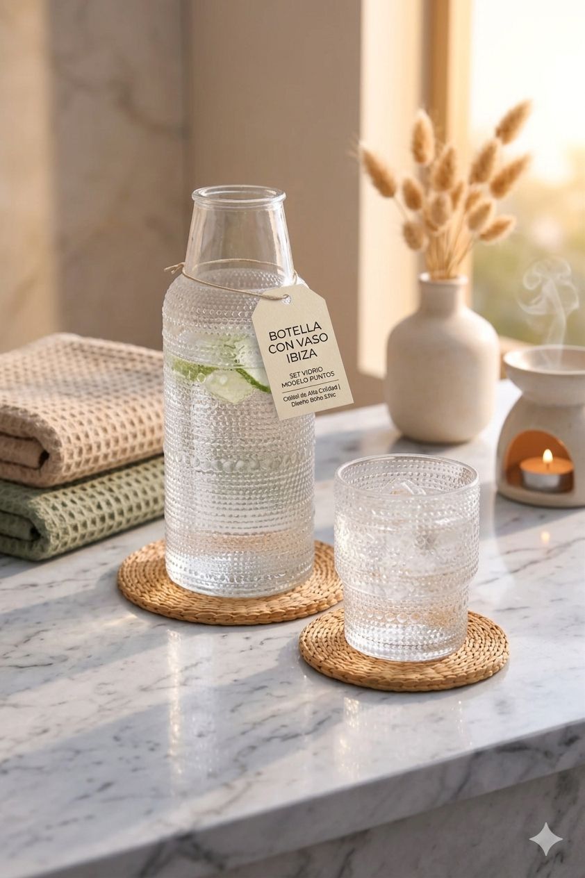 Set Botella con Vaso Ibiza Modelo Puntos | Vidrio Premium 500ml y Vaso 300ml