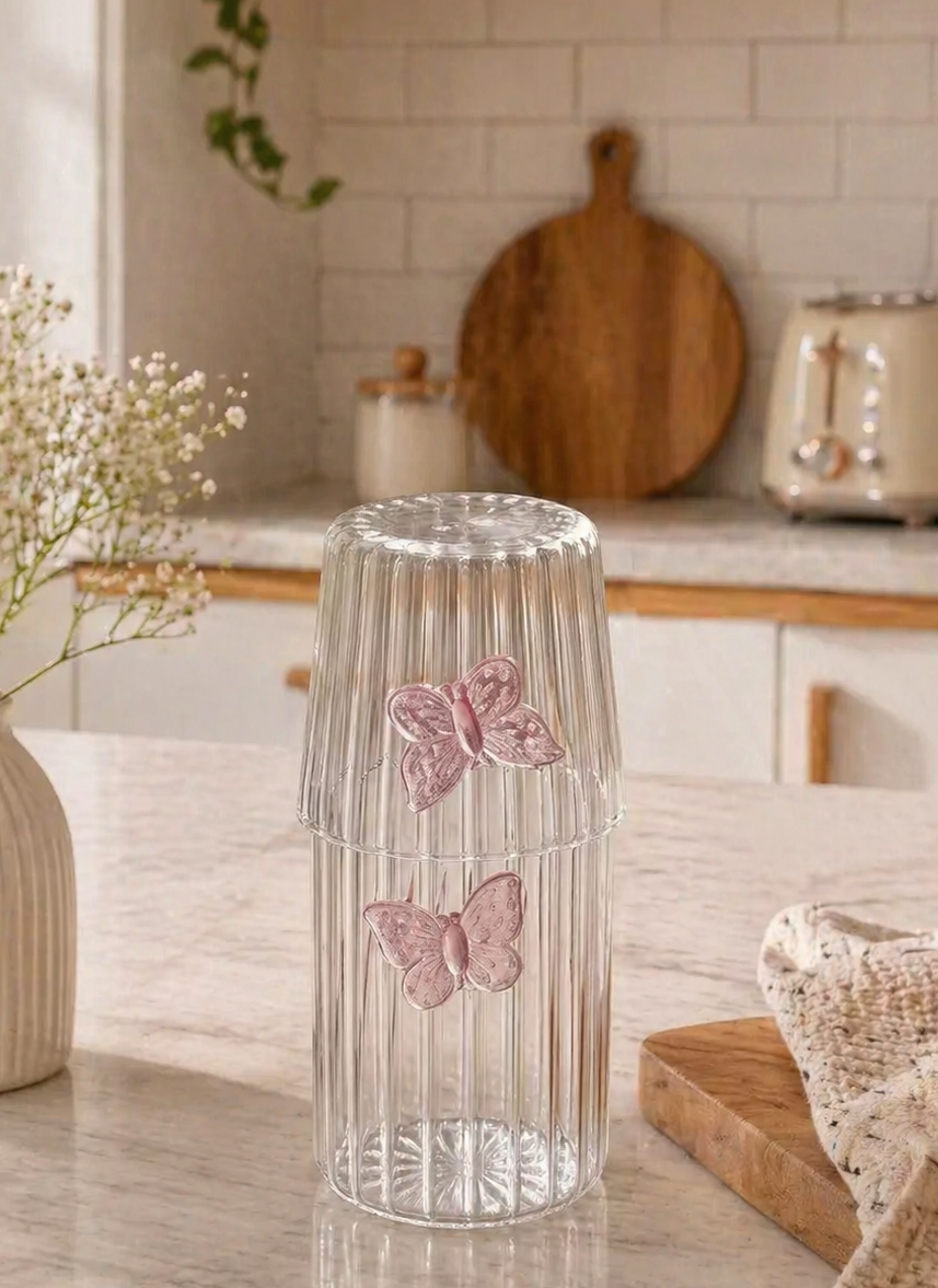 BOTELLA CON VASO DE VIDRIO MARIPOSA