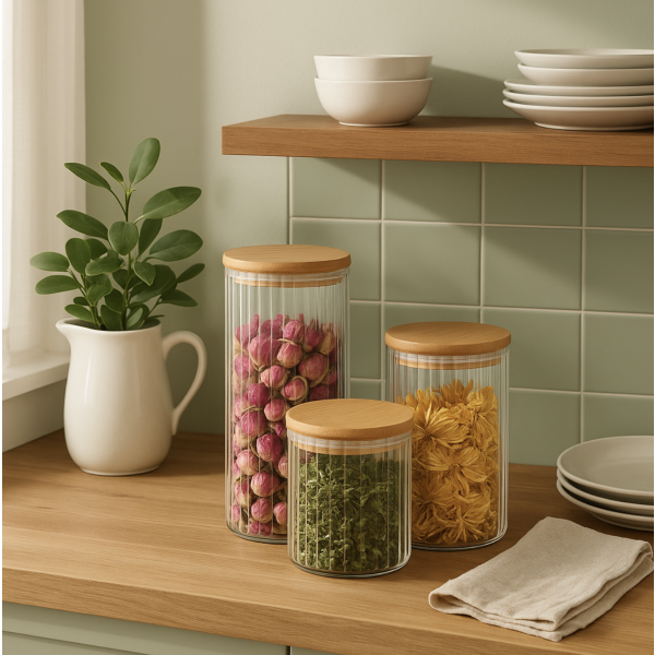 Frasco vidrio redondo bamboo 600 ml