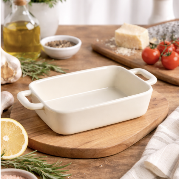 Fuente rectangular con asas cerámica crema