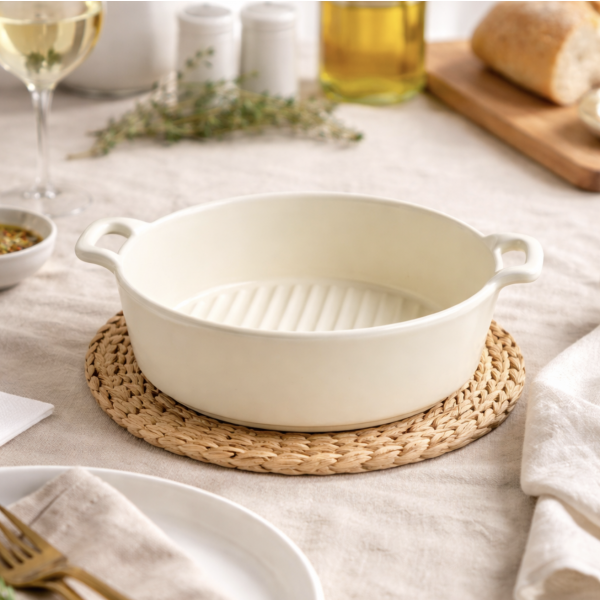 Fuente redonda de cerámica con asas – Color crema