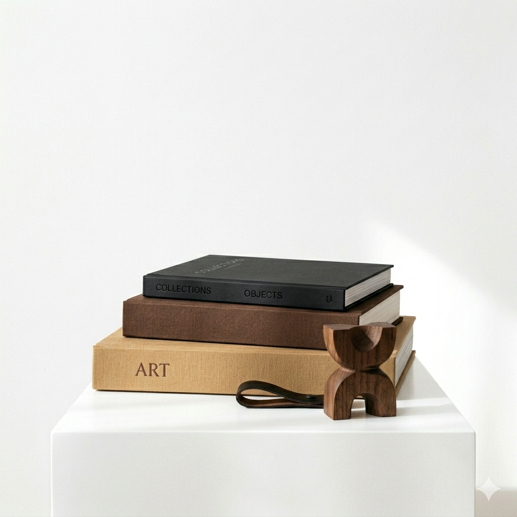 Una pila de tres libros reposa sobre un pedestal blanco, coronado por una pequeña escultura abstracta de madera oscura.