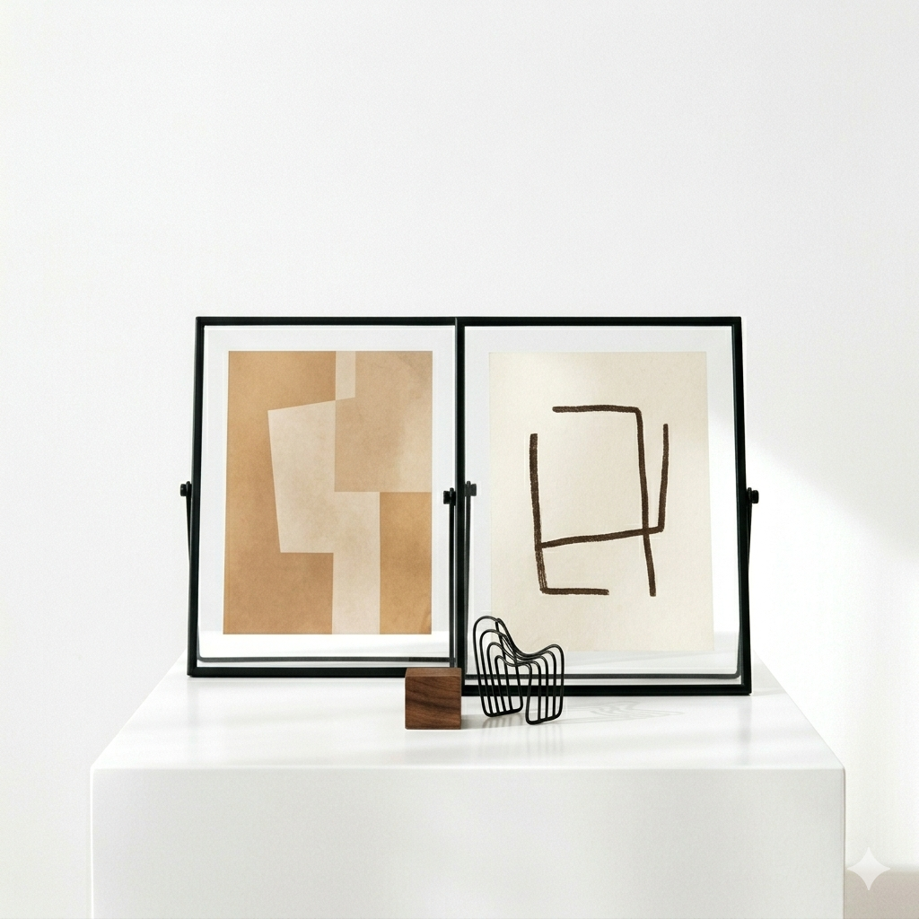 Un marco negro de doble cara exhibe arte abstracto con formas geométricas y dibujos lineales, que descansa sobre un pedestal blanco.