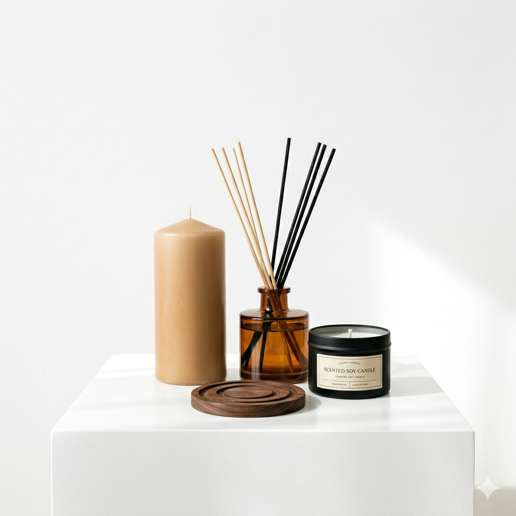 Una vela cilíndrica de color beige, un difusor de varillas de vidrio con varillas variadas y una pequeña vela negra en un frasco sobre un pedestal blanco.