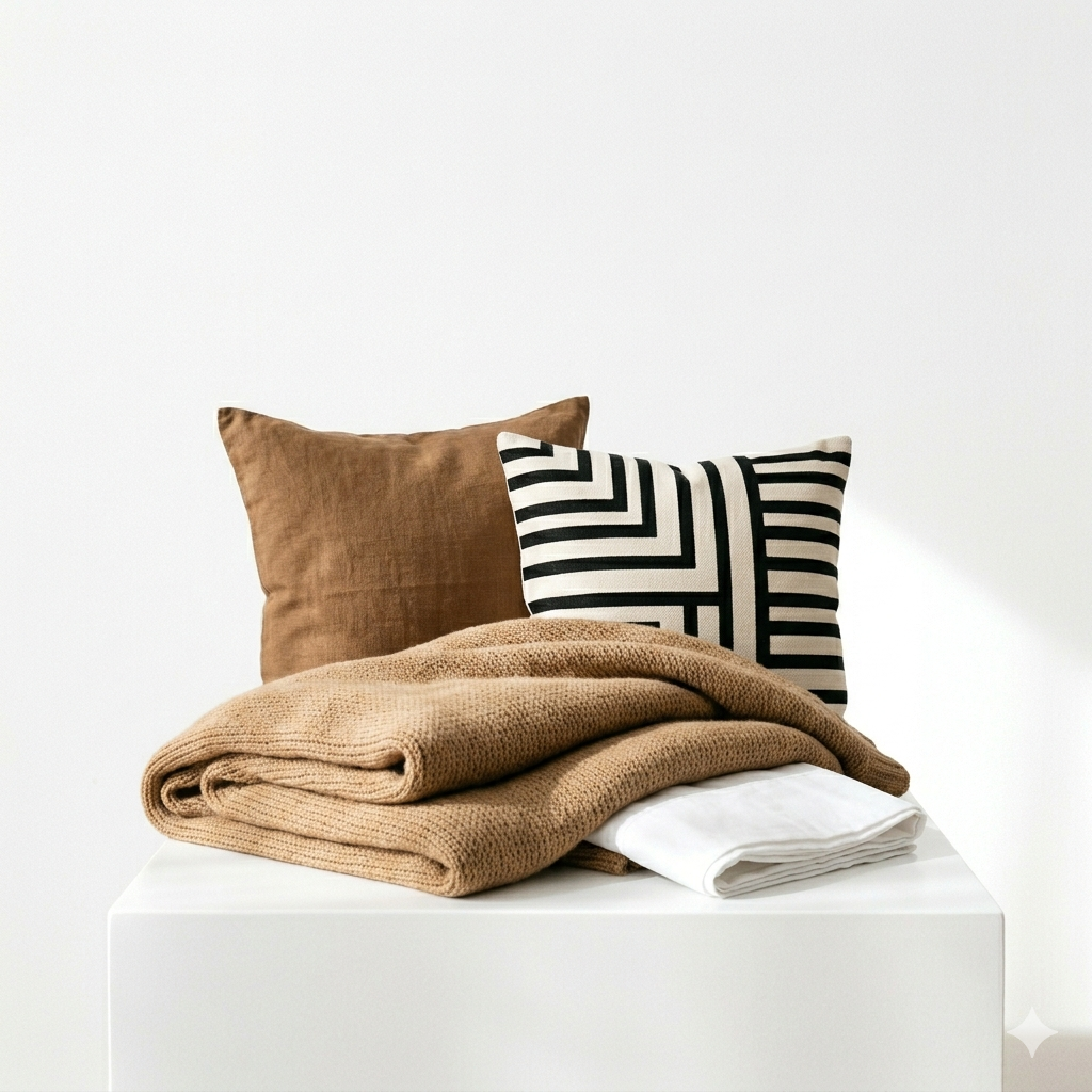 Una manta marrón texturizada cubría una superficie blanca con dos almohadas, una marrón lisa y otra con líneas geométricas negras.