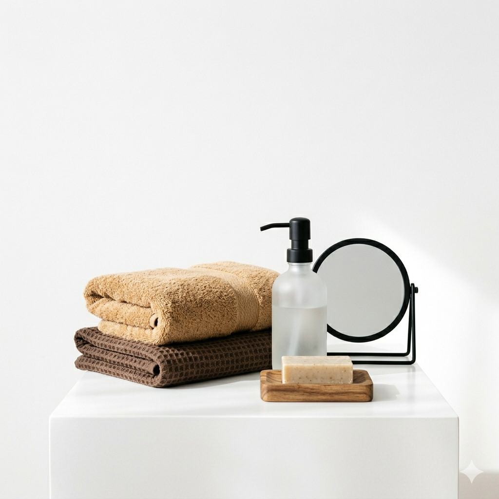 Dos toallas dobladas, un dispensador de jabón, una pequeña pastilla de jabón sobre una bandeja de madera y un espejo con marco negro sobre una superficie blanca.
