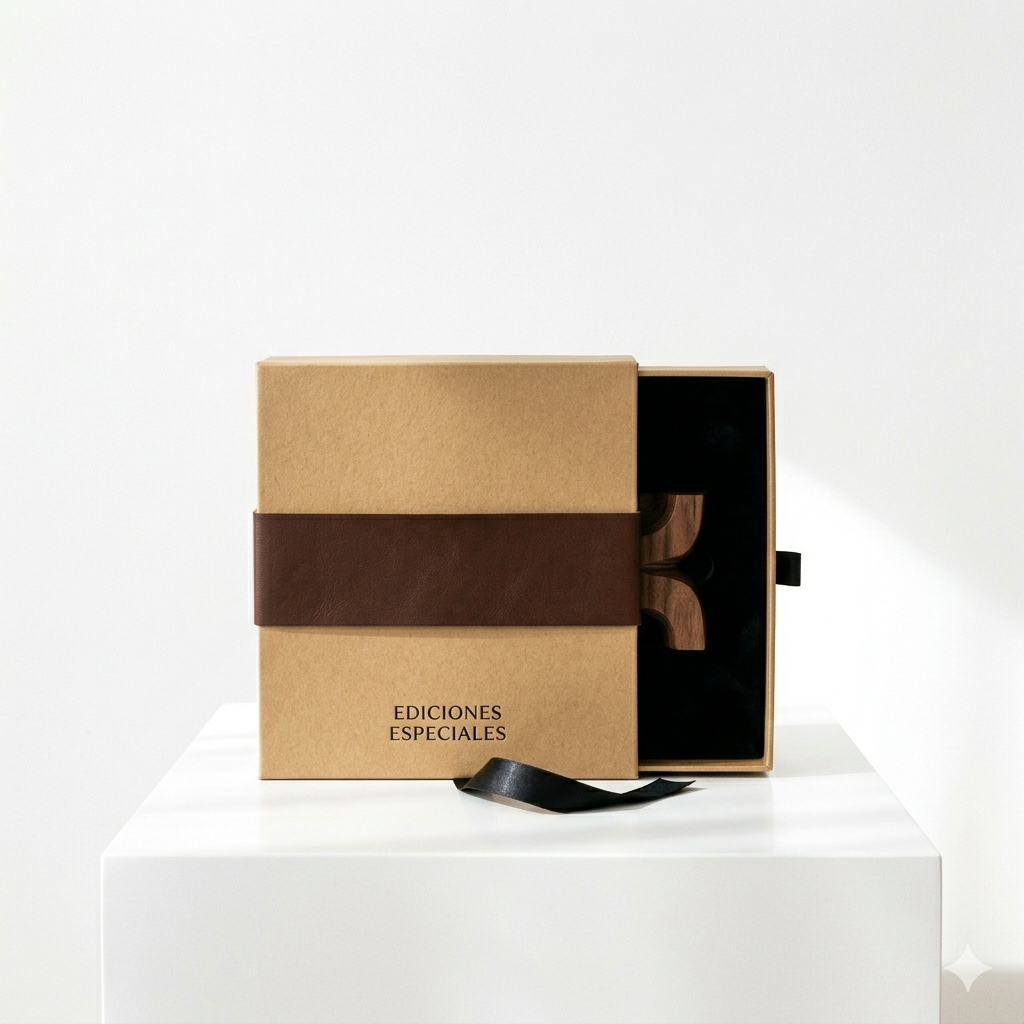 Una caja de regalo de papel kraft con una banda y una cinta marrones reposa sobre un pedestal blanco, dejando ver un interior oscuro.