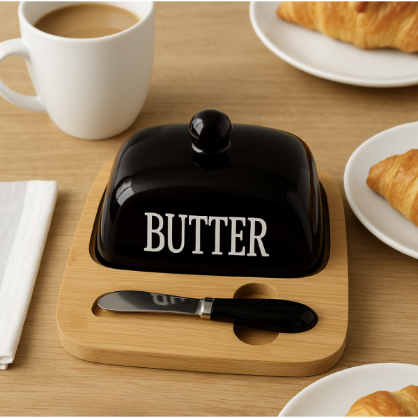Mantequera “Butter” con Untador – Cerámica & Madera (Negra)