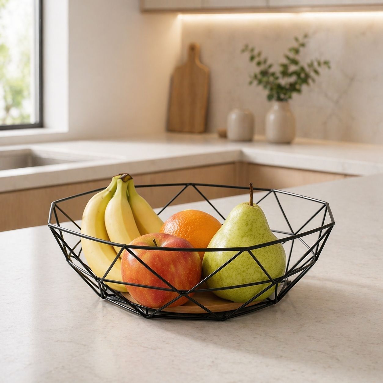 Panera Frutera metálica geométrica con base de madera 28 cm