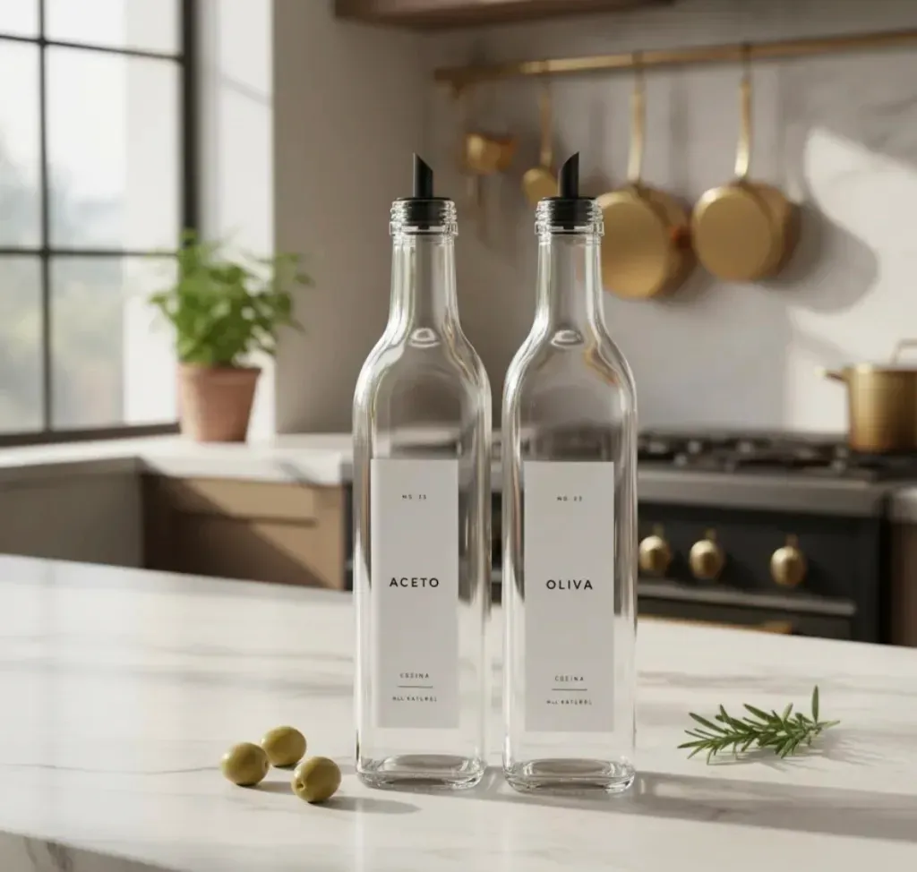 SET ACEITERAS CUADRADAS TRANSPARENTES ETIQ BLANCA 500 ml