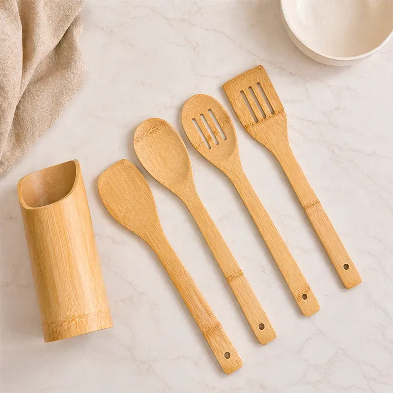 Set x4 Utensilios Cocina Bamboo Rústico + Contenedor Grande