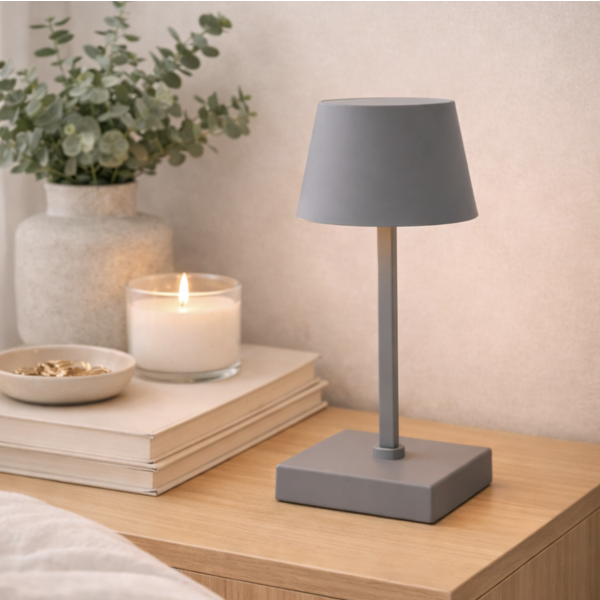 Velador a pila 26 cm gris al tacto