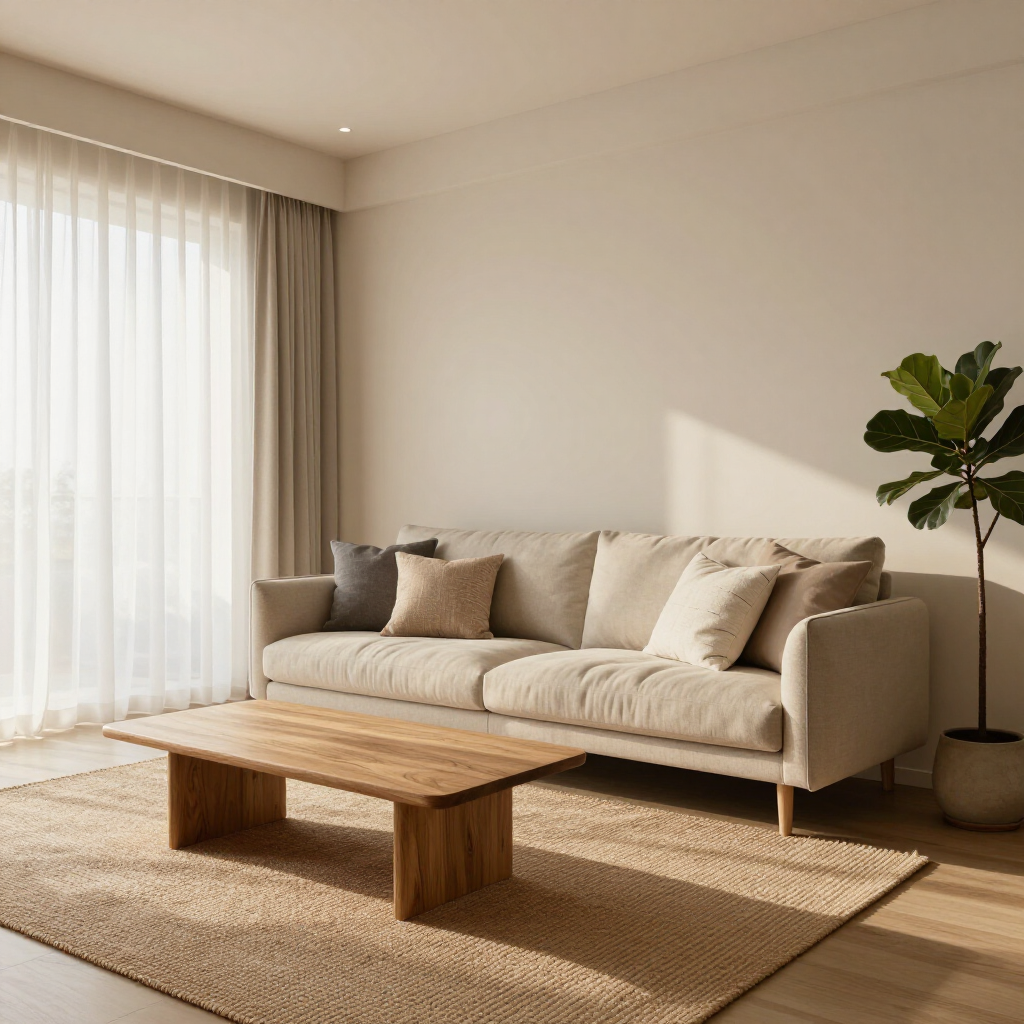 Sala de estar minimalista con un sofá beige