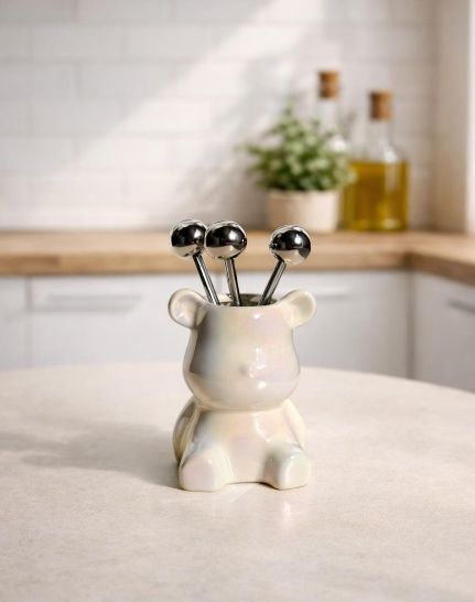 Un soporte de cerámica nacarada con forma de oso que contiene tres palillos metálicos para cócteles sobre la encimera de la cocina.