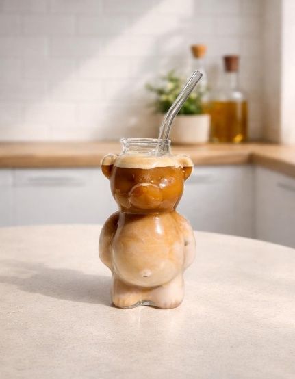 Un vaso con forma de oso lleno de café helado y una pajita de cristal, sobre la encimera de la cocina.