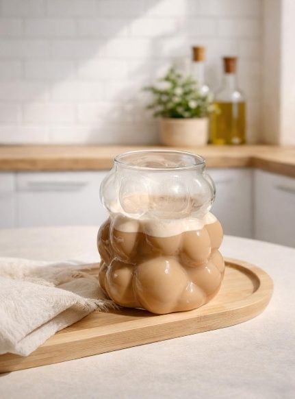 Un vaso texturizado con forma de burbuja, lleno de café helado, reposa sobre una tabla de madera frente a un fondo de azulejos blancos en la cocina.
