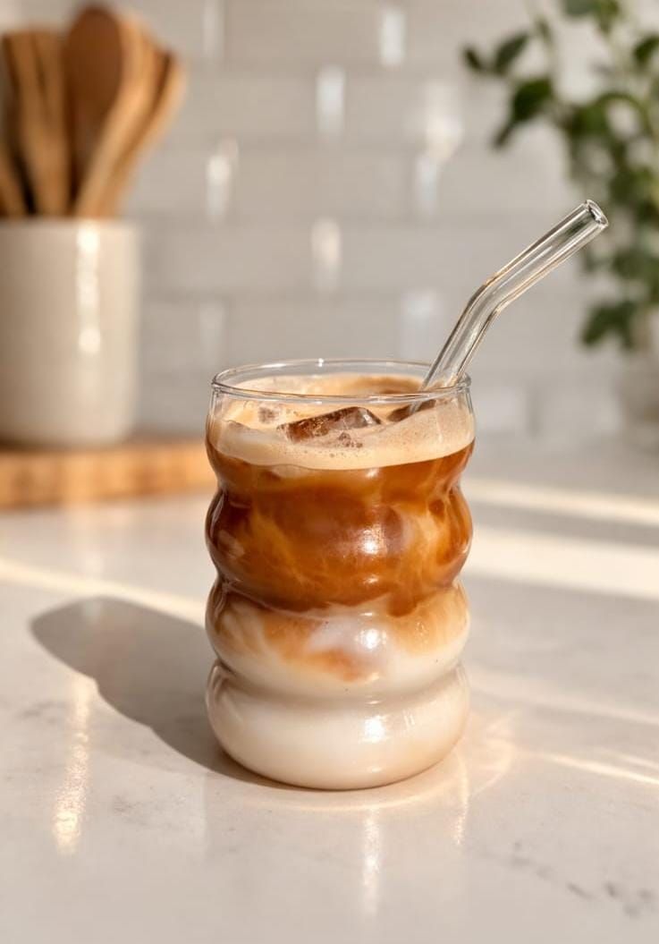 Un café helado en un vaso estriado con una pajita transparente reposa sobre una encimera blanca en una cocina luminosa.