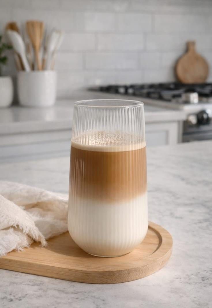 Un café con leche en capas, con el café vertido sobre la leche en un vaso estriado, sobre una bandeja de madera en una cocina.