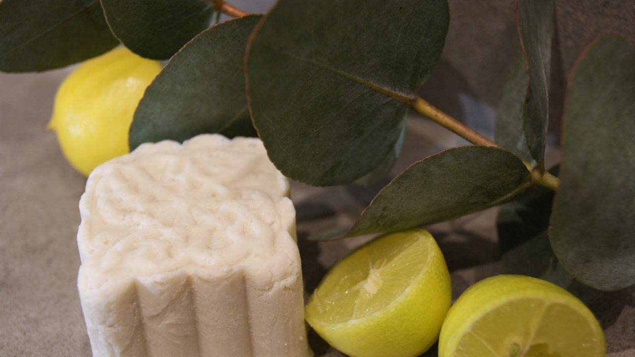 Eine Shampoobar zusammen mit Zitronen und Eukalyptoszweigen