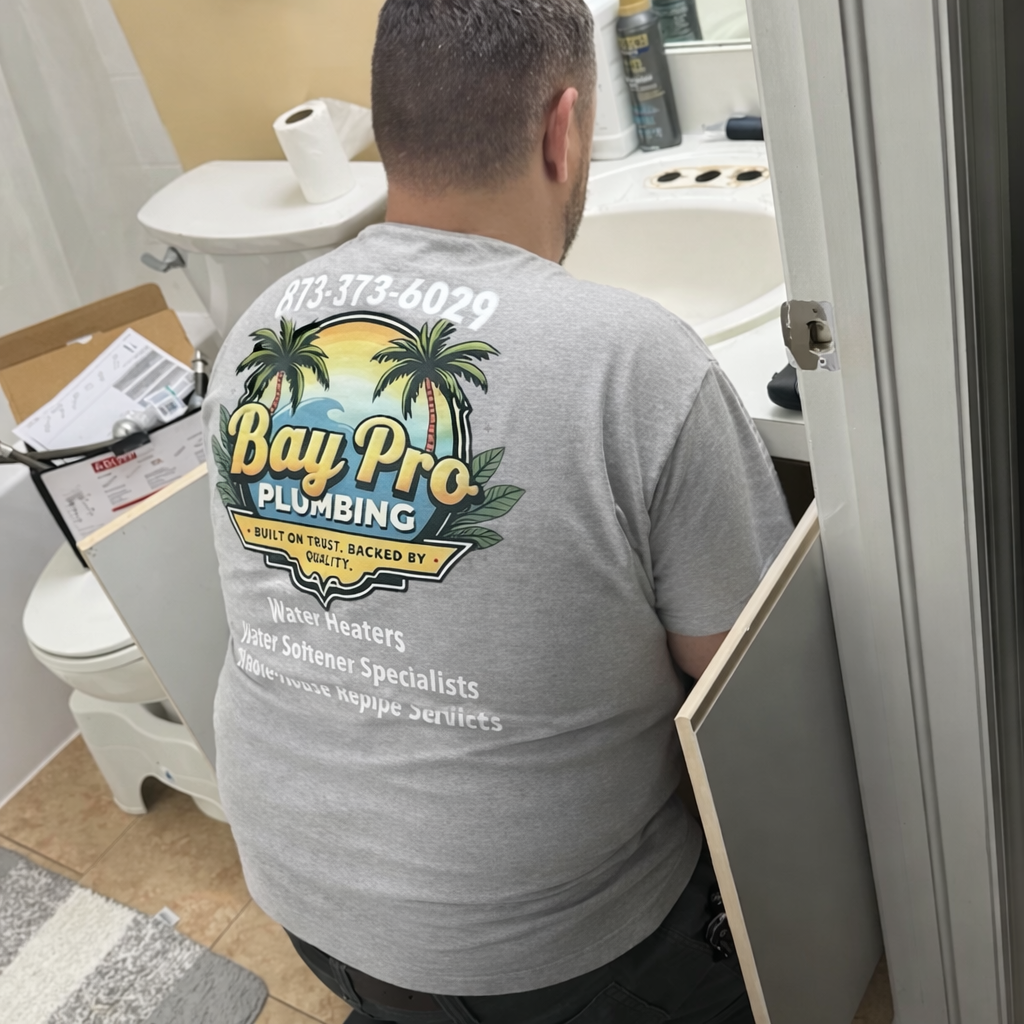 Plumber using a drain snake under a kitchen sink. The person is wearing gloves, a mask, and eye protection.
