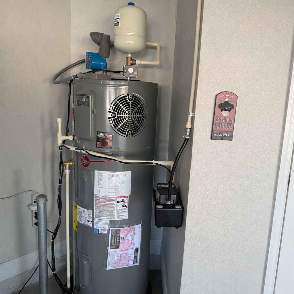 Person using pliers on a radiator, toolbox nearby.