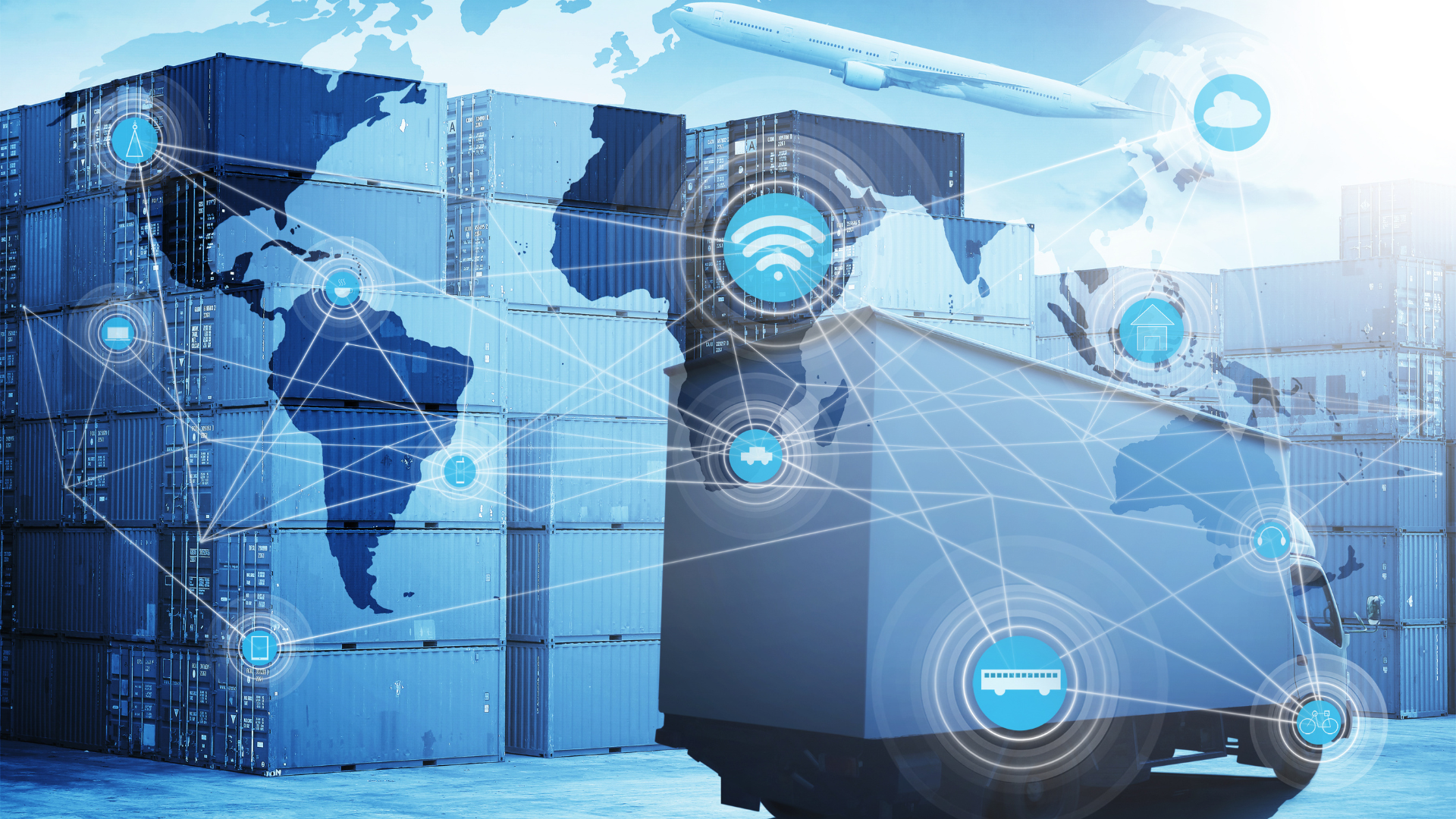 World map overlaid with data streams, shipping containers, truck, airplane, and wifi icons.
