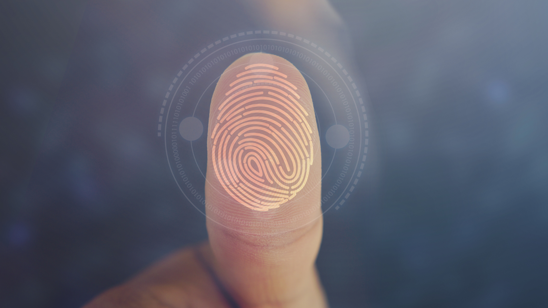 Fingerprint scan on fingertip, glowing orange, with a futuristic digital effect overlay.