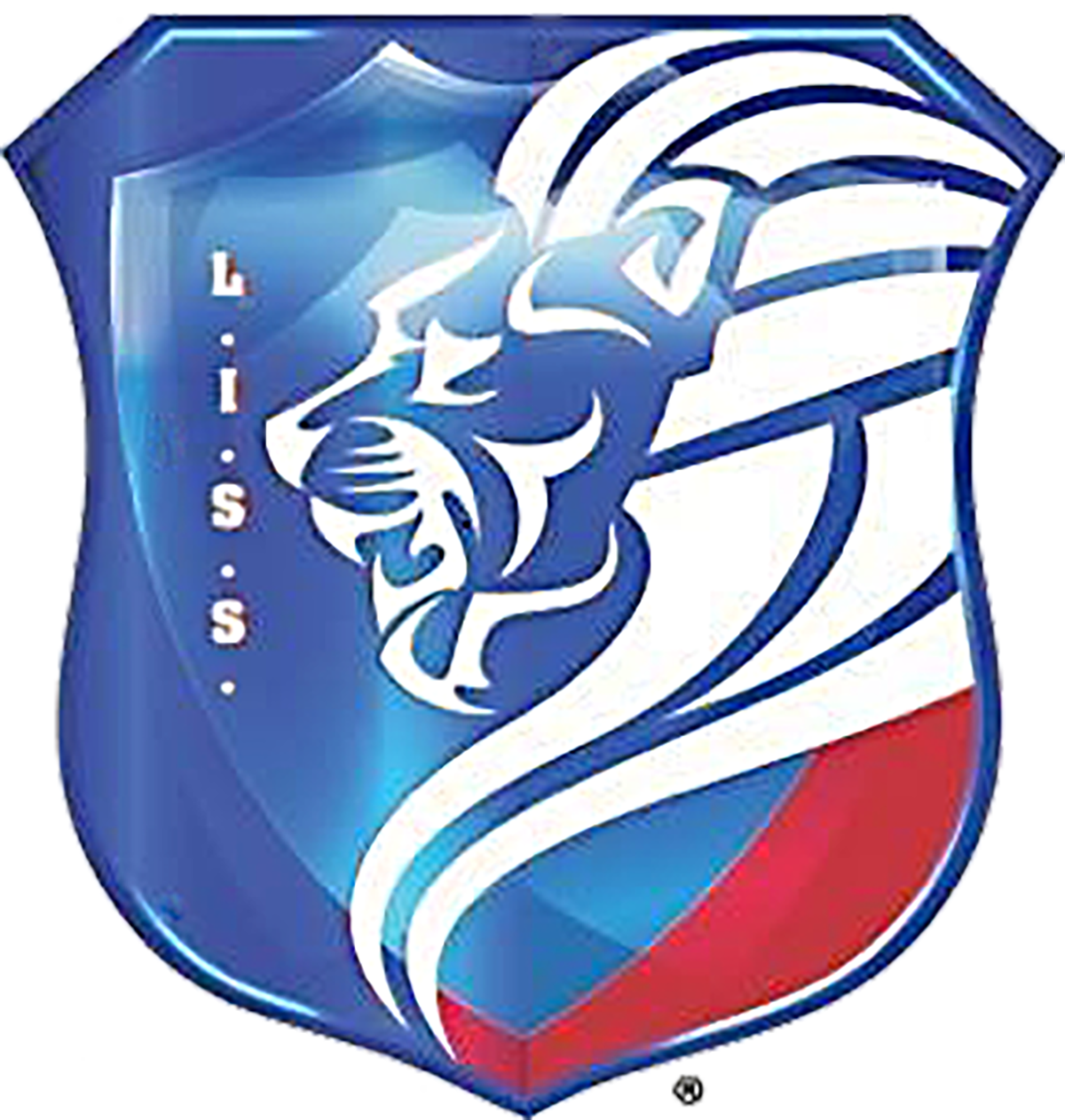 Blue shield logo with lion head silhouette,