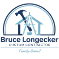 Logo for Bruce Longnecker Custom Contractor: blue and white hammer, compass, house icon, with text "Family-Owned."