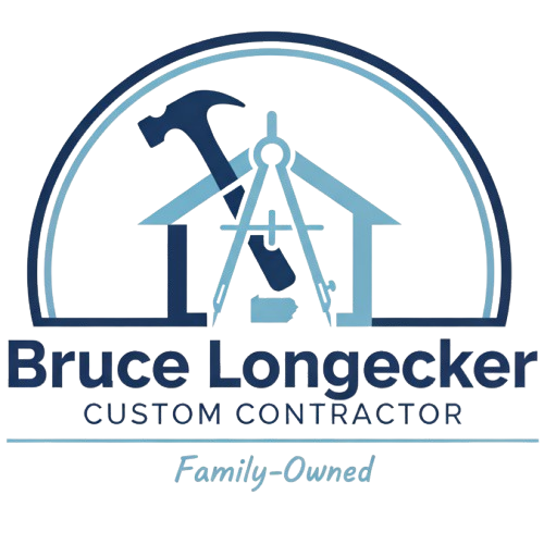Logo for Bruce Longnecker Custom Contractor: blue and white hammer, compass, house icon, with text "Family-Owned."