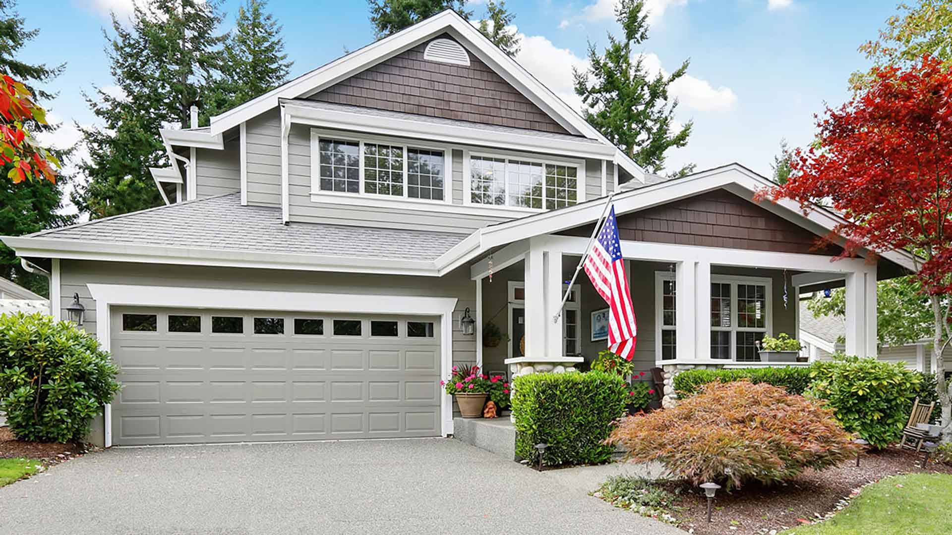 house garage with USA flag