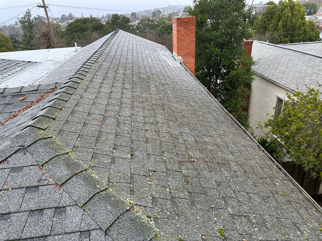 The roof of a house with a chimney and trees in the background.