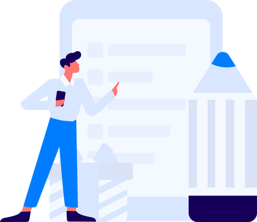 Man pointing at checklist on tablet with a large pencil.