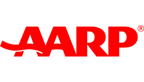 A red aarp logo on a white background