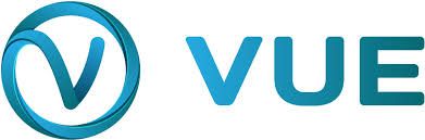 A blue and white logo for vue with a v in a circle.