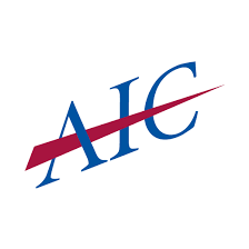 A blue and red aic logo on a white background