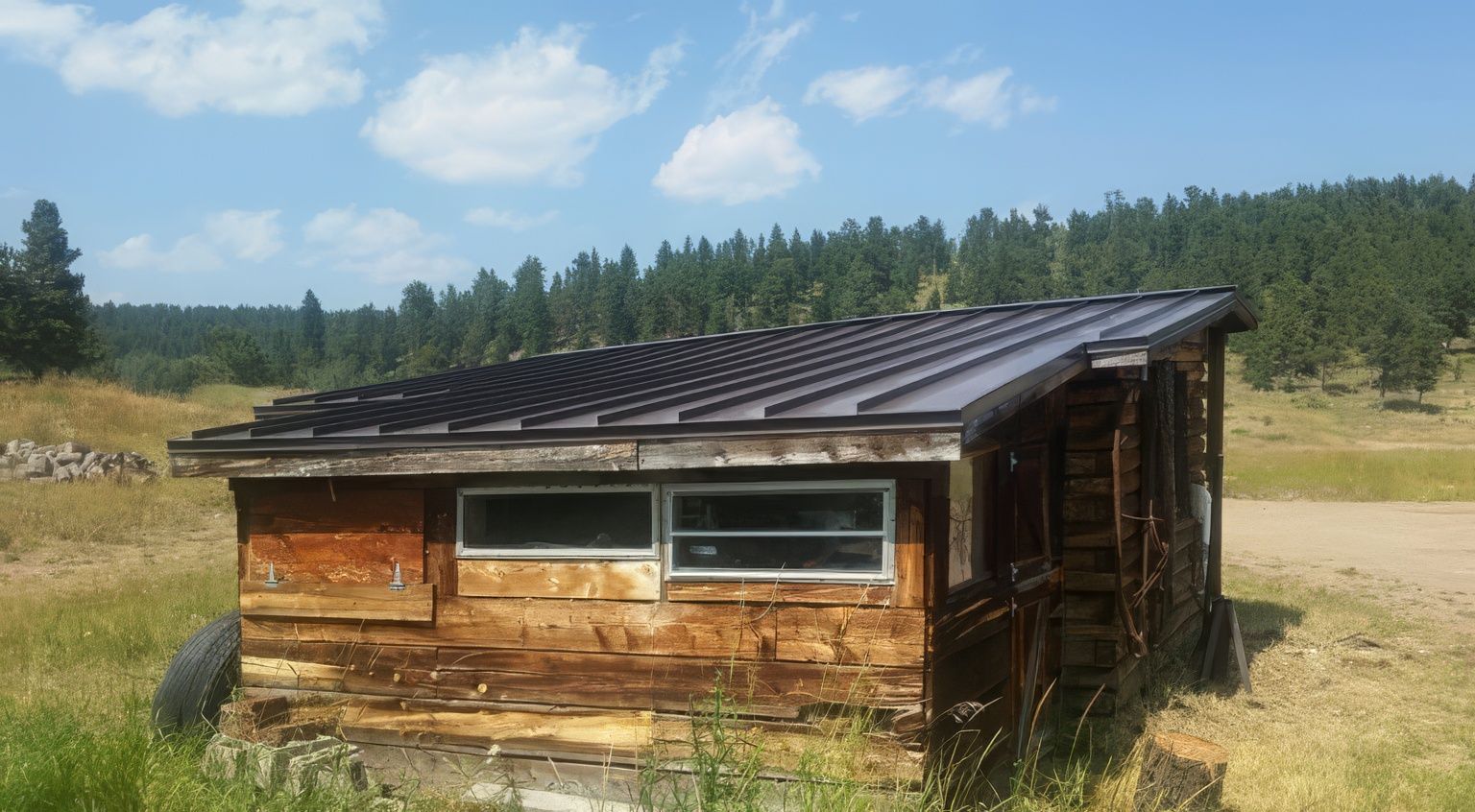 A small, rustic log cabin with a modern dark metal roof sits in a grassy, pine-forested landscape under a blue sky.