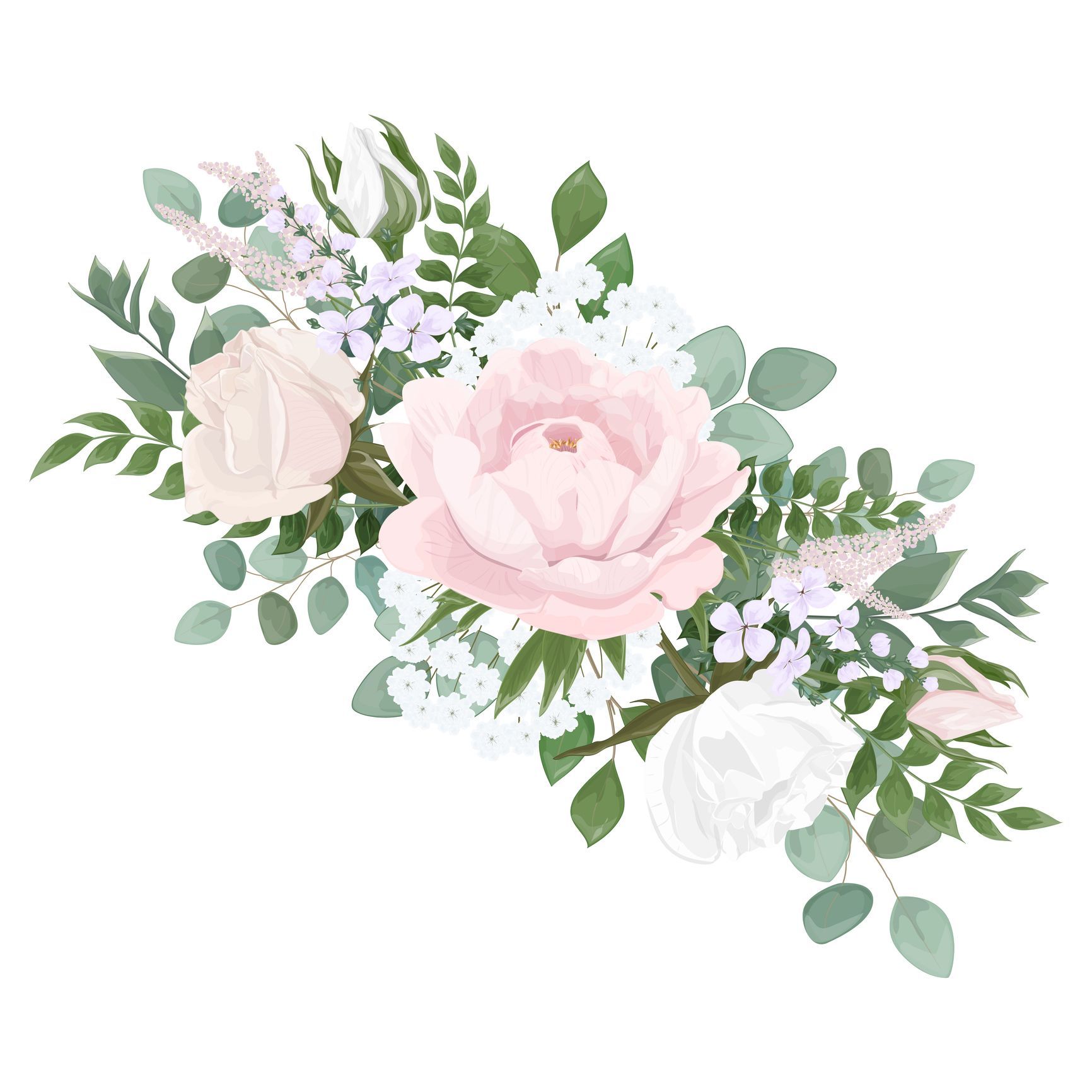 Floral arrangement with light pink and white peonies, greenery, and small purple flowers.