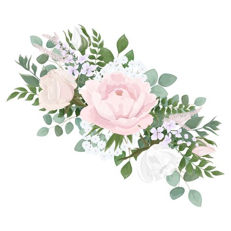 Floral arrangement with light pink and white peonies, greenery, and small purple flowers. Floral arrangement with light pink and white peonies, greenery, and small purple flowers.