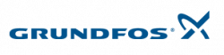 The Grundfos company logo in blue text with a stylized blue symbol on the right.