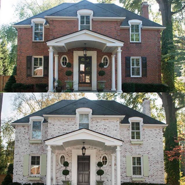 Two-story house shown in two versions: red brick above, white brick below, with a front porch and columns