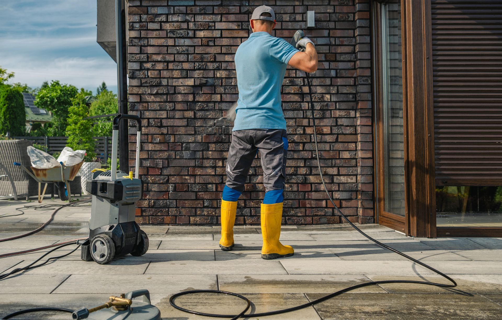 Worker pressure-washing a brick wall beside a house, with hose and equipment on the patio.
