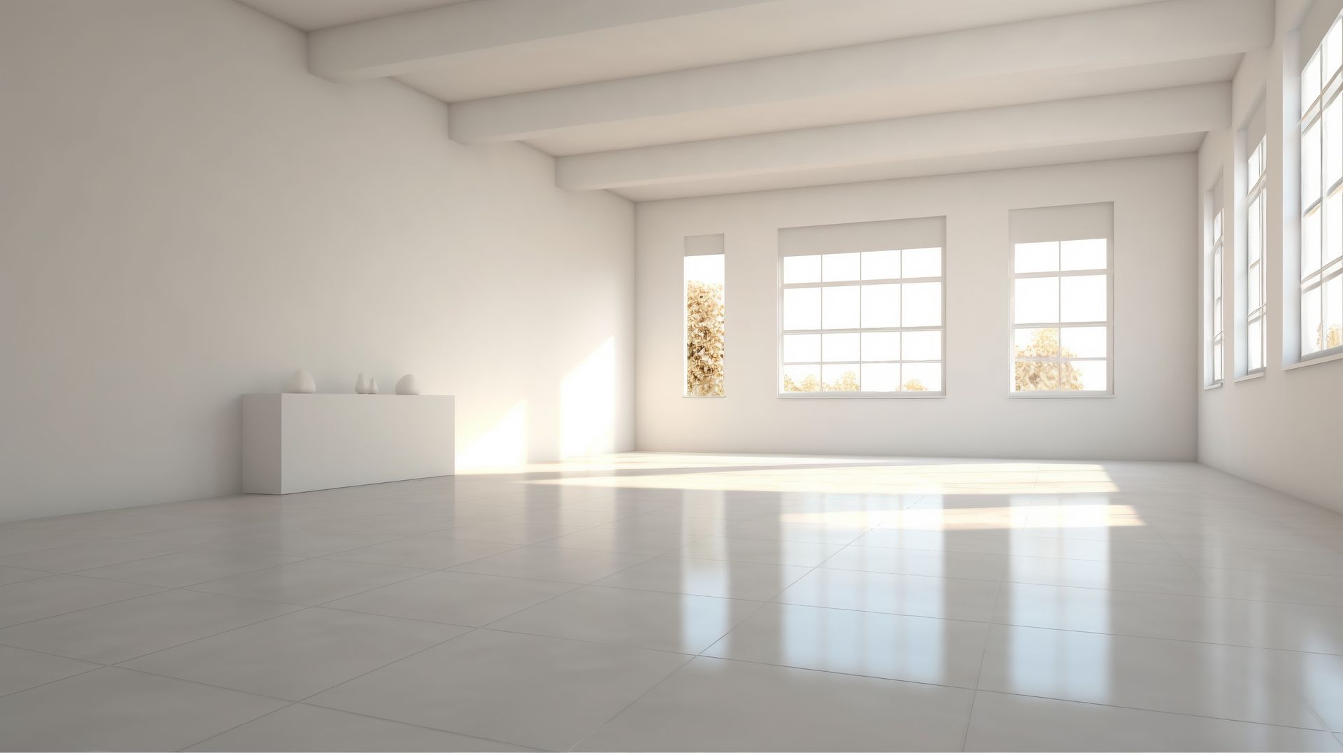 Bright empty white room with large windows and glossy reflective floor