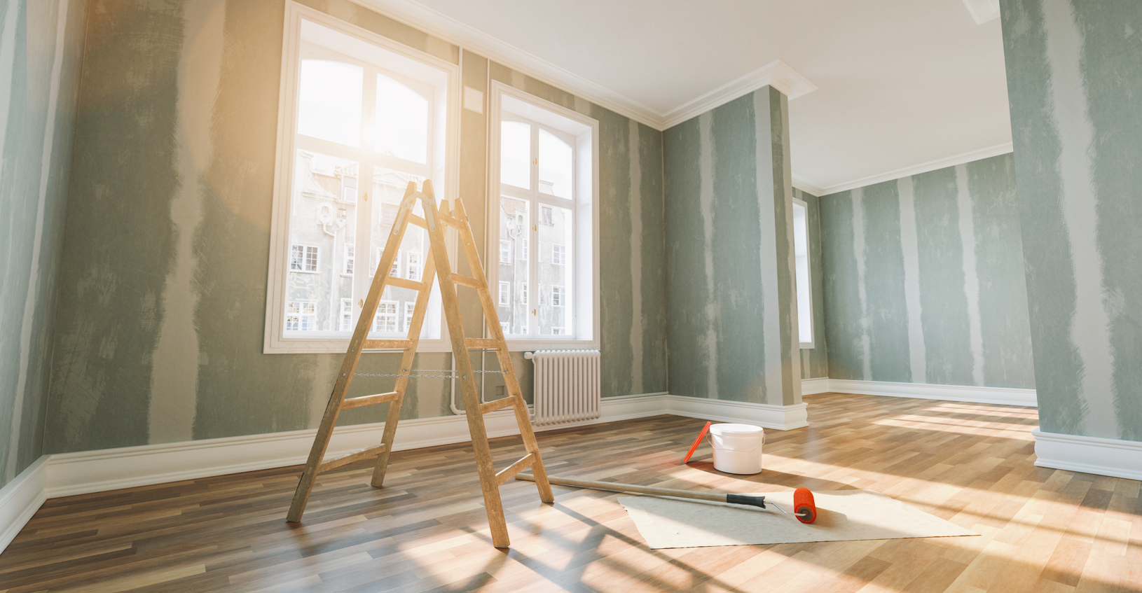Room interior with ladder, windows, and partially painted walls, during renovation.