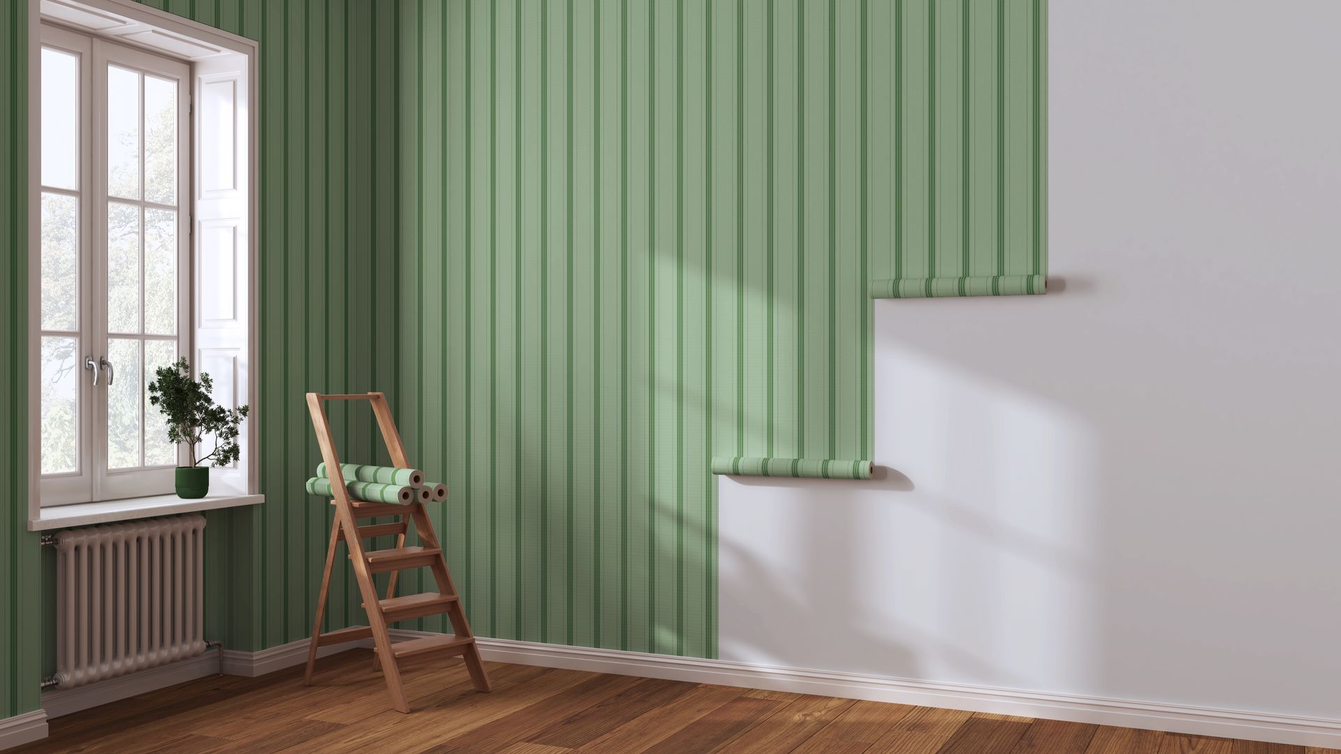 Interior: green vertical paneling being installed on a white wall, wooden ladder, window.