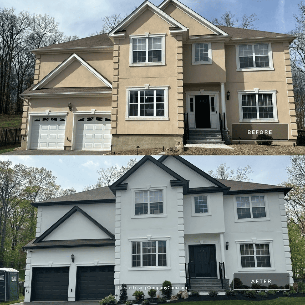 A picture of a house before and after being painted white