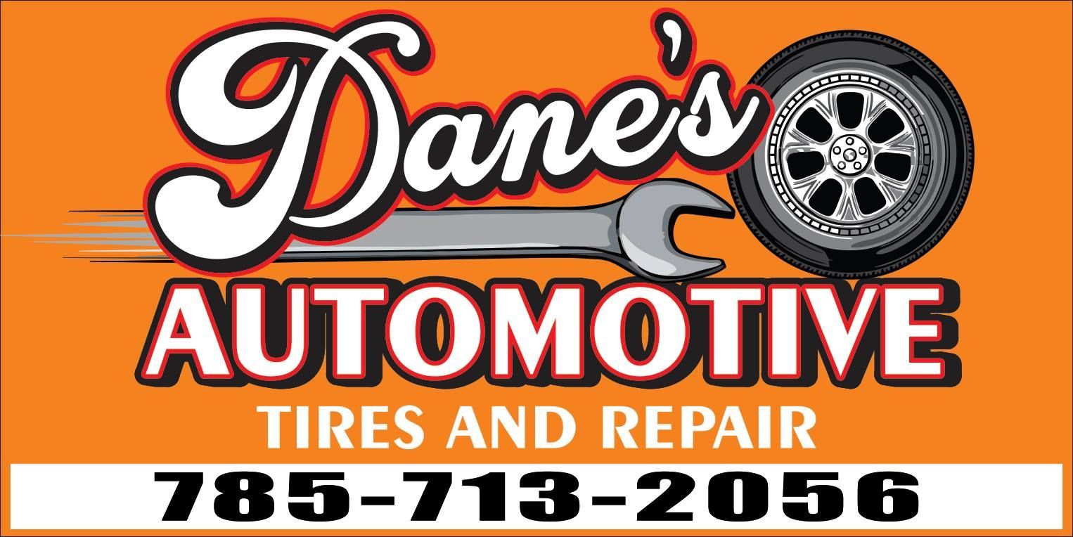 Logo for Dane's Automotive. Orange background with white text and a tire and wrench graphic. Phone number: 785-713-2056.